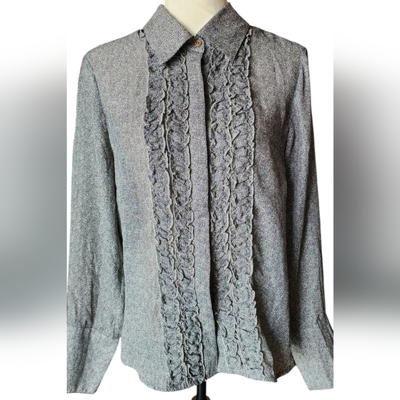 Christopher & Banks Ruffled Sheer Button Up Long Sleeve Blouse Women's L NWT - Picture 2 of 13